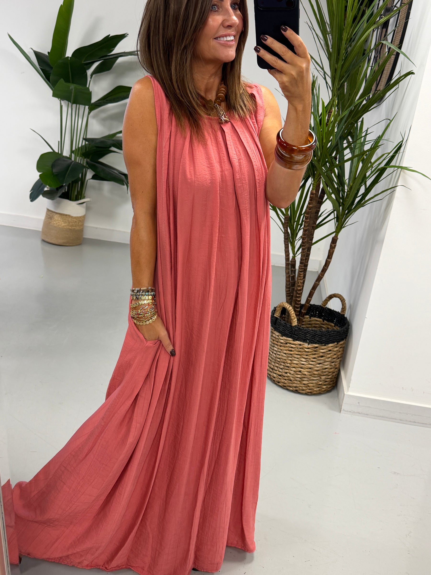 Crinkle Maxi Dress - Coral