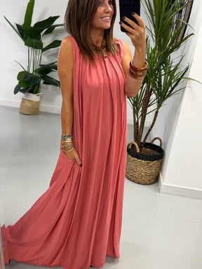 Crinkle Maxi Dress - Coral