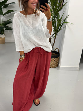 Linen Blend Boxy Top - White