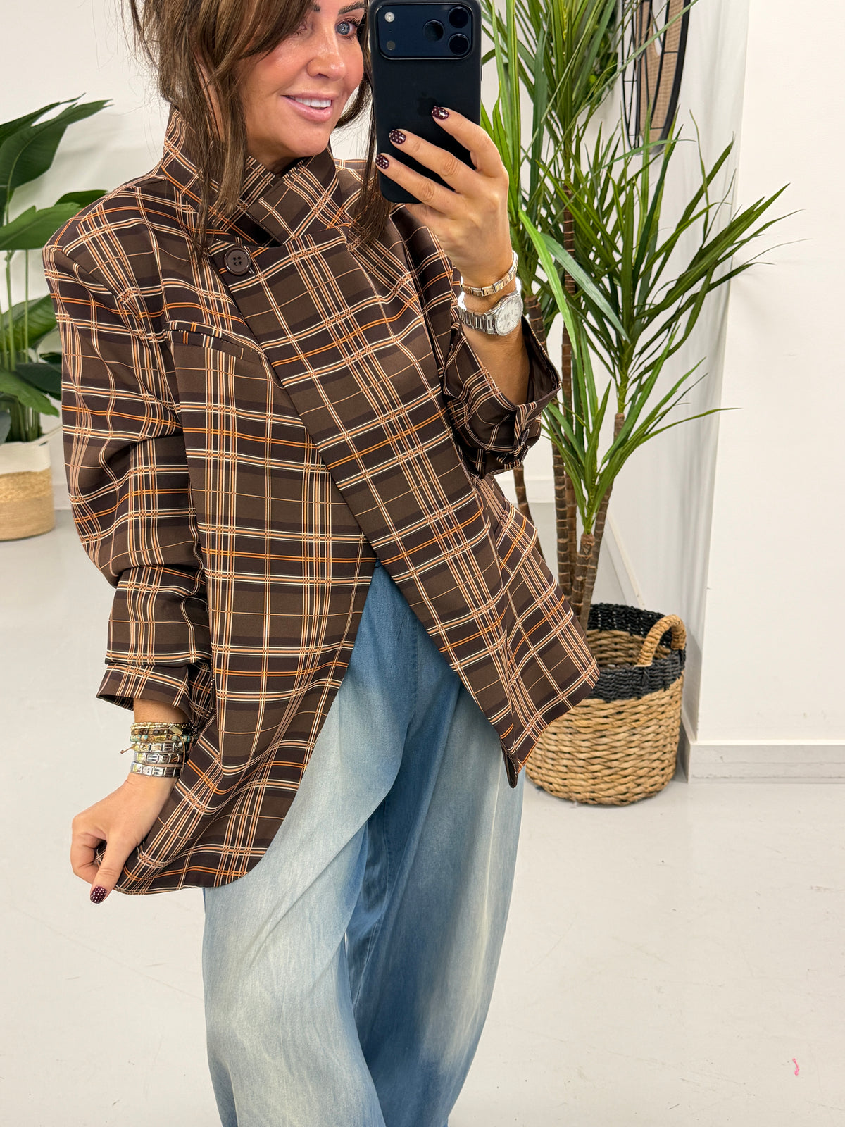 Madison Funnel Neck Blazer - Chocolate Plaid (pre order due in next few days)