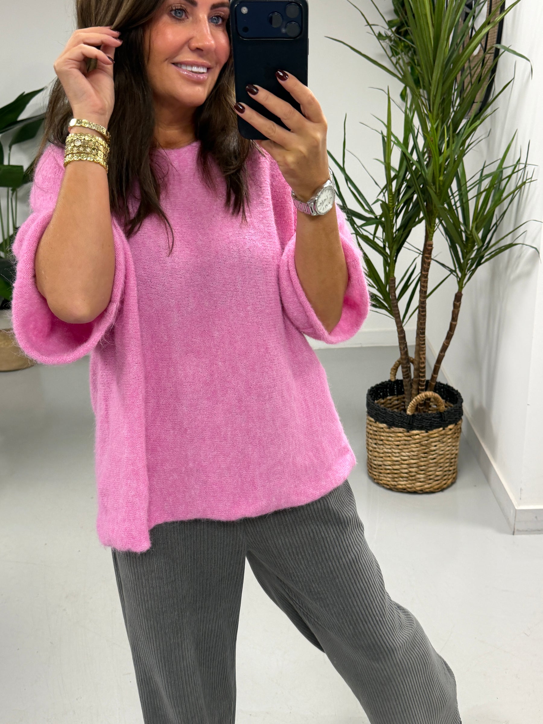 Sofia Soft Knit Crop Sleeve Knit Jumper - Bubble Gum Pink (Size 10-16)