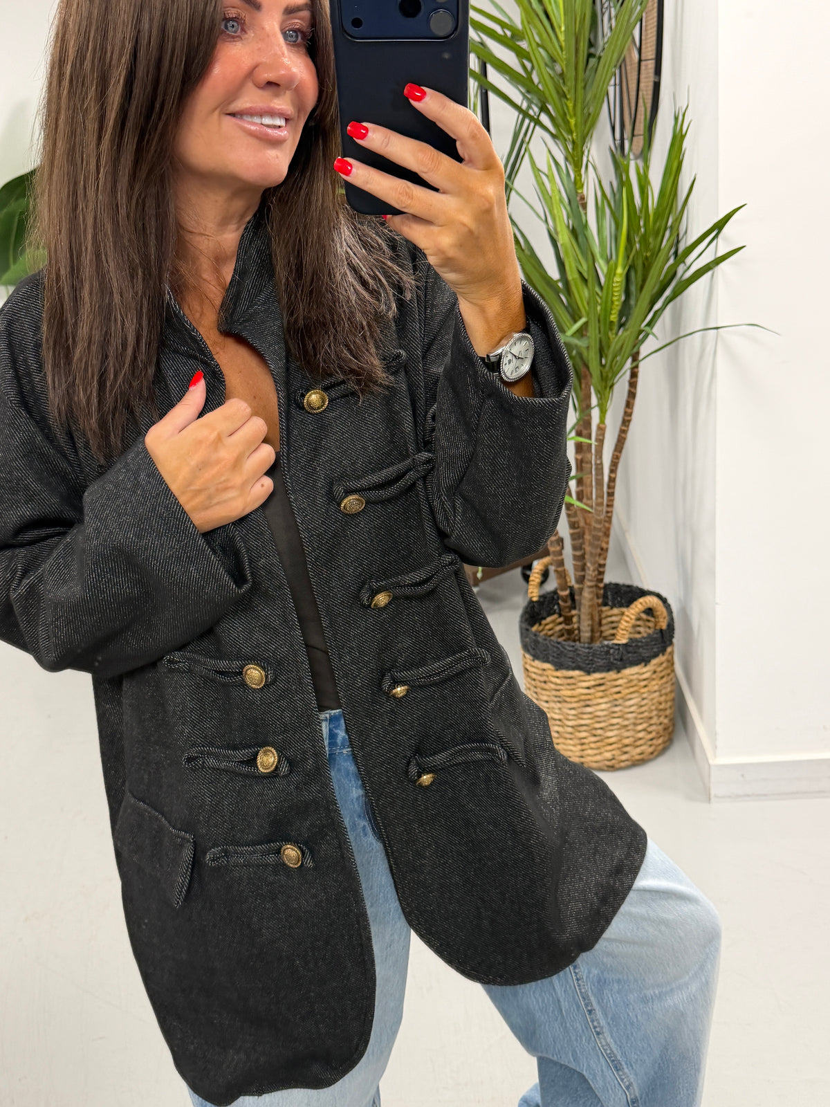 The Long Line Herringbone Style  Military Jacket - Black