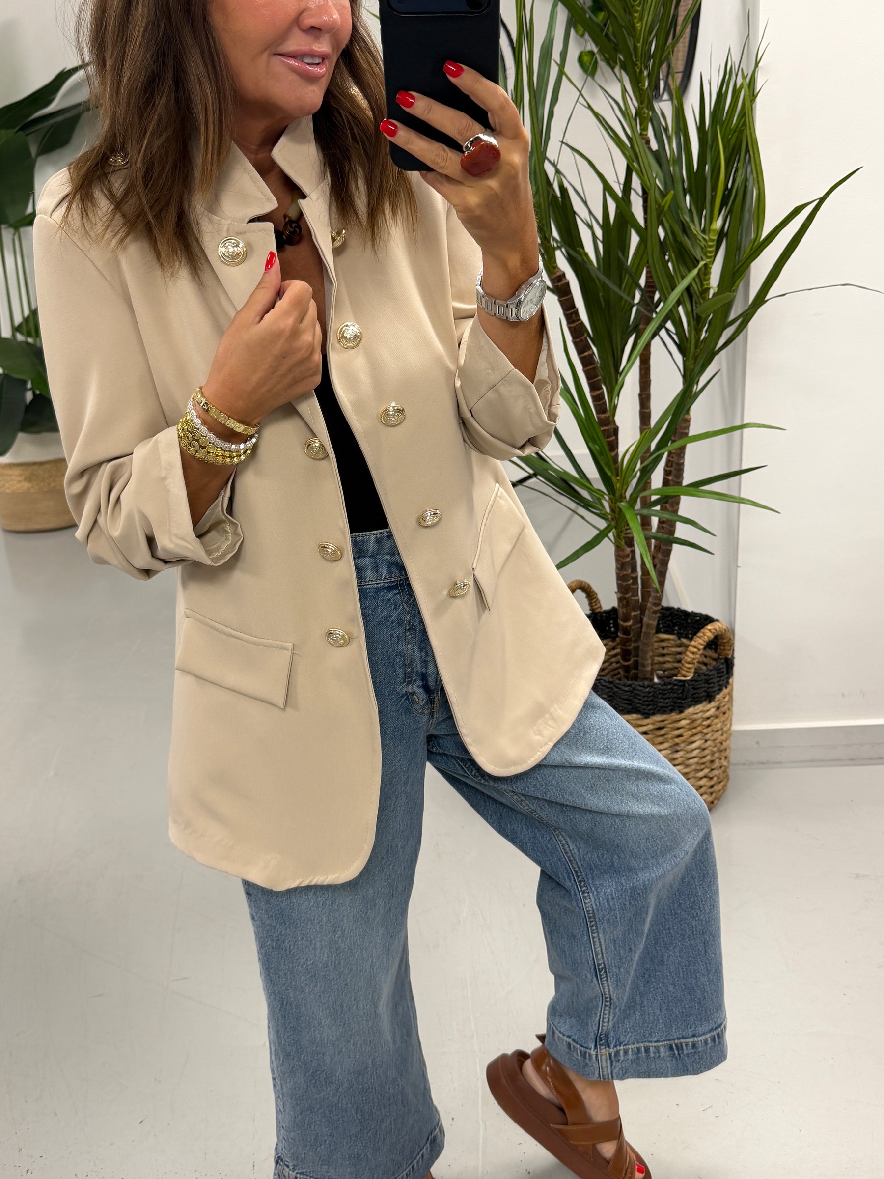 Military Ruched Sleeve Blazer - Cream