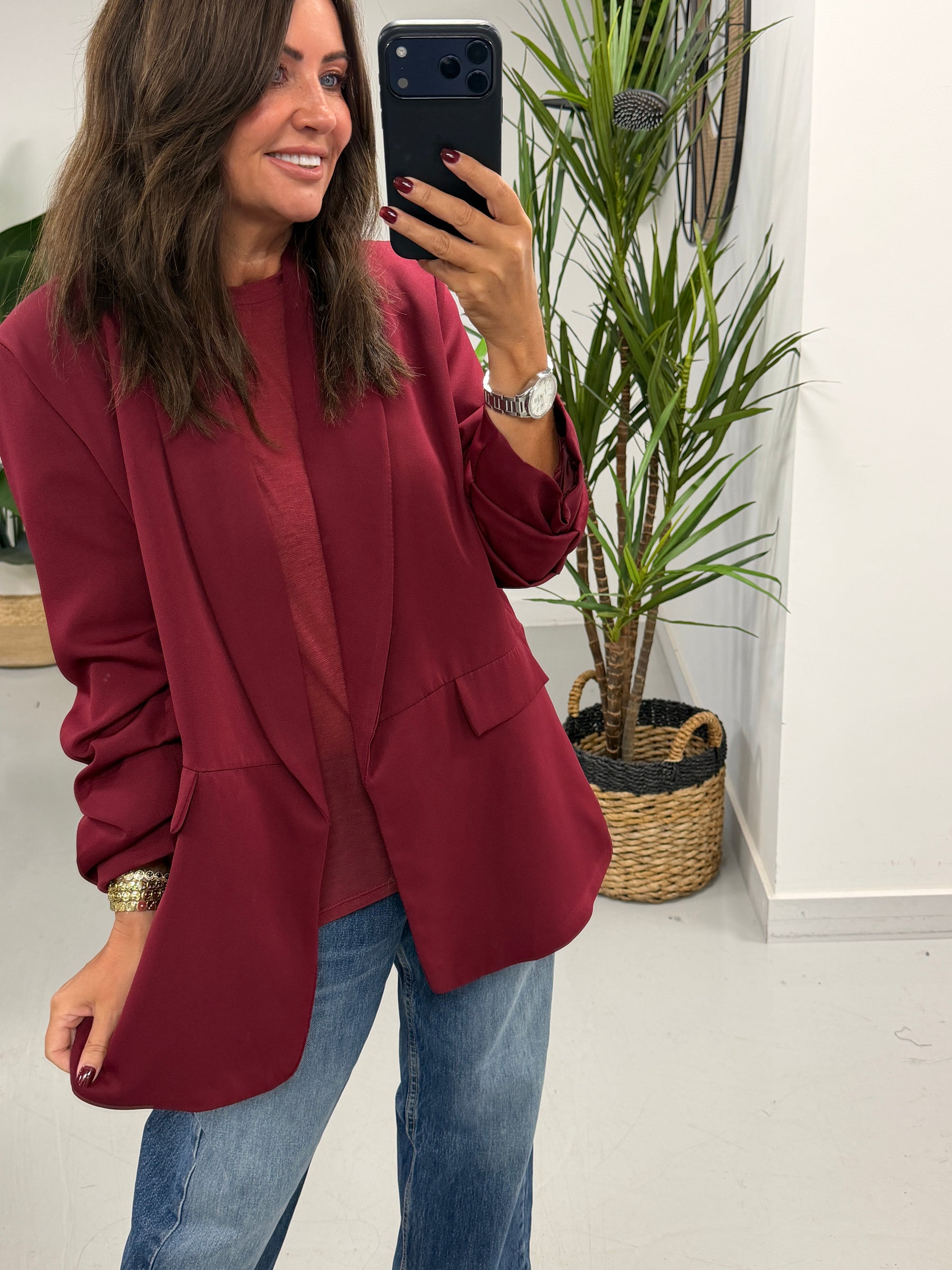Ruched Sleeve Blazer - Wine (Plus sizes)
