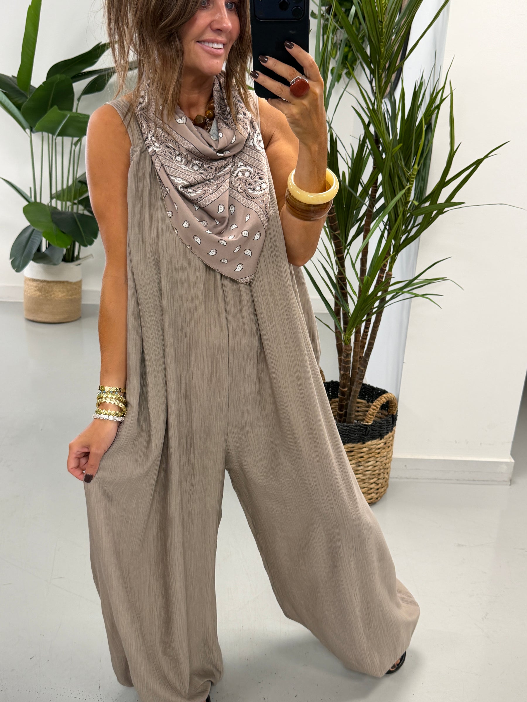 Bandana Scarf Crinkle Jumpsuit - Taupe