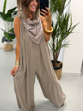 Bandana Scarf Crinkle Jumpsuit - Taupe
