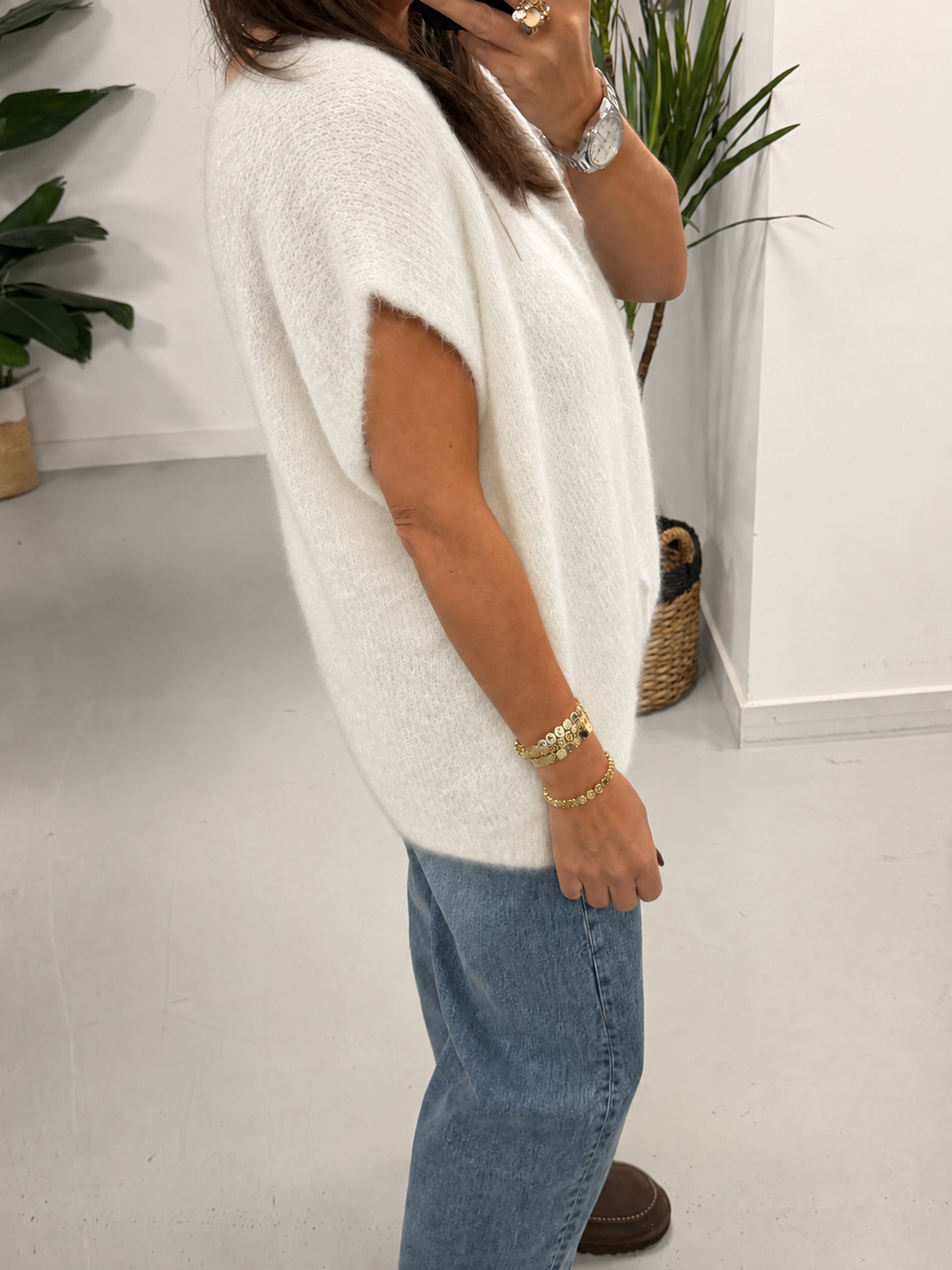 Button Up Slouchy Crop Sleeve Knit - Winter White (Size 10-14)