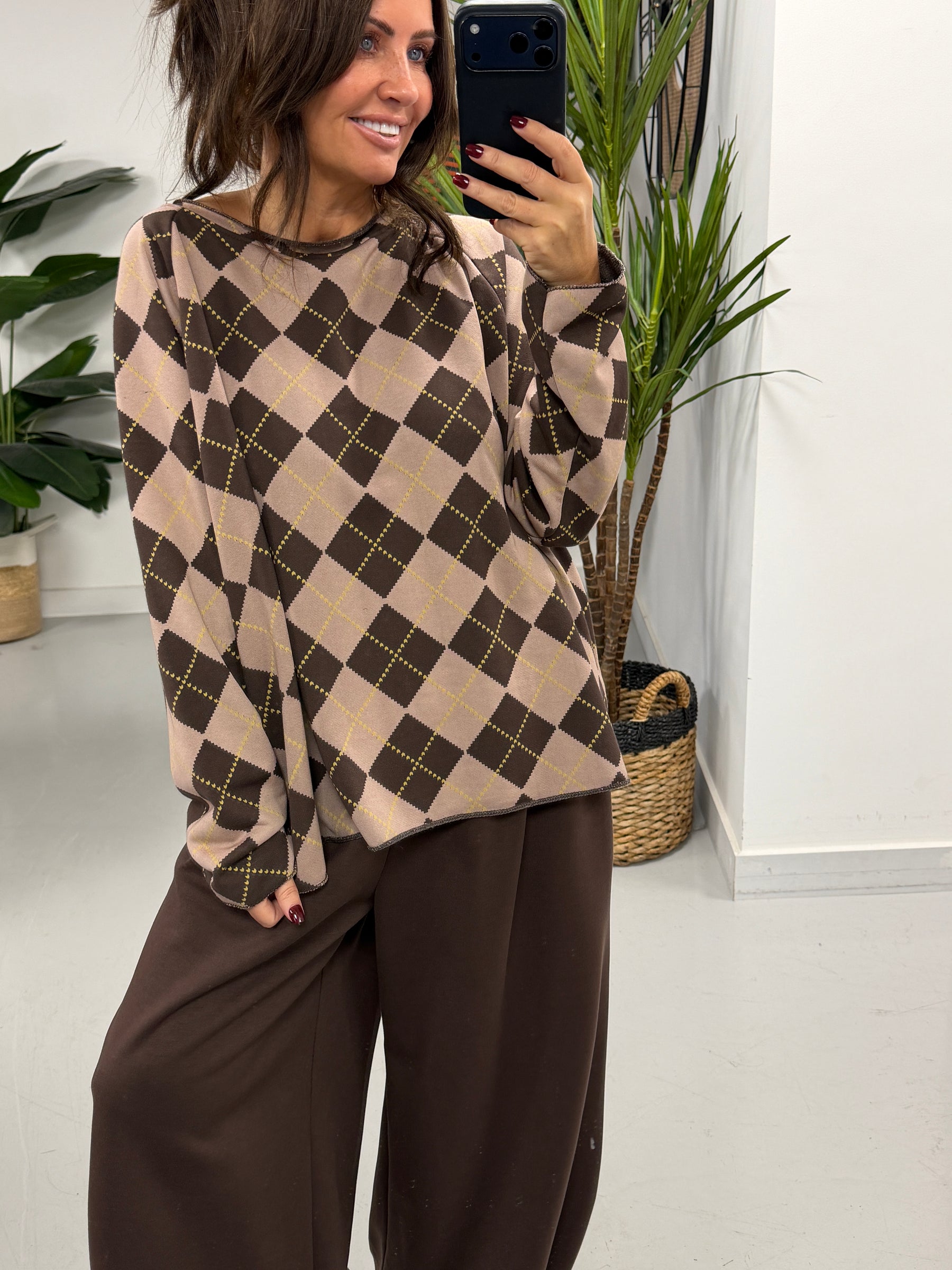 Argyle Boxy Sweat- Mocha/Chocolate   (Size 12-16)