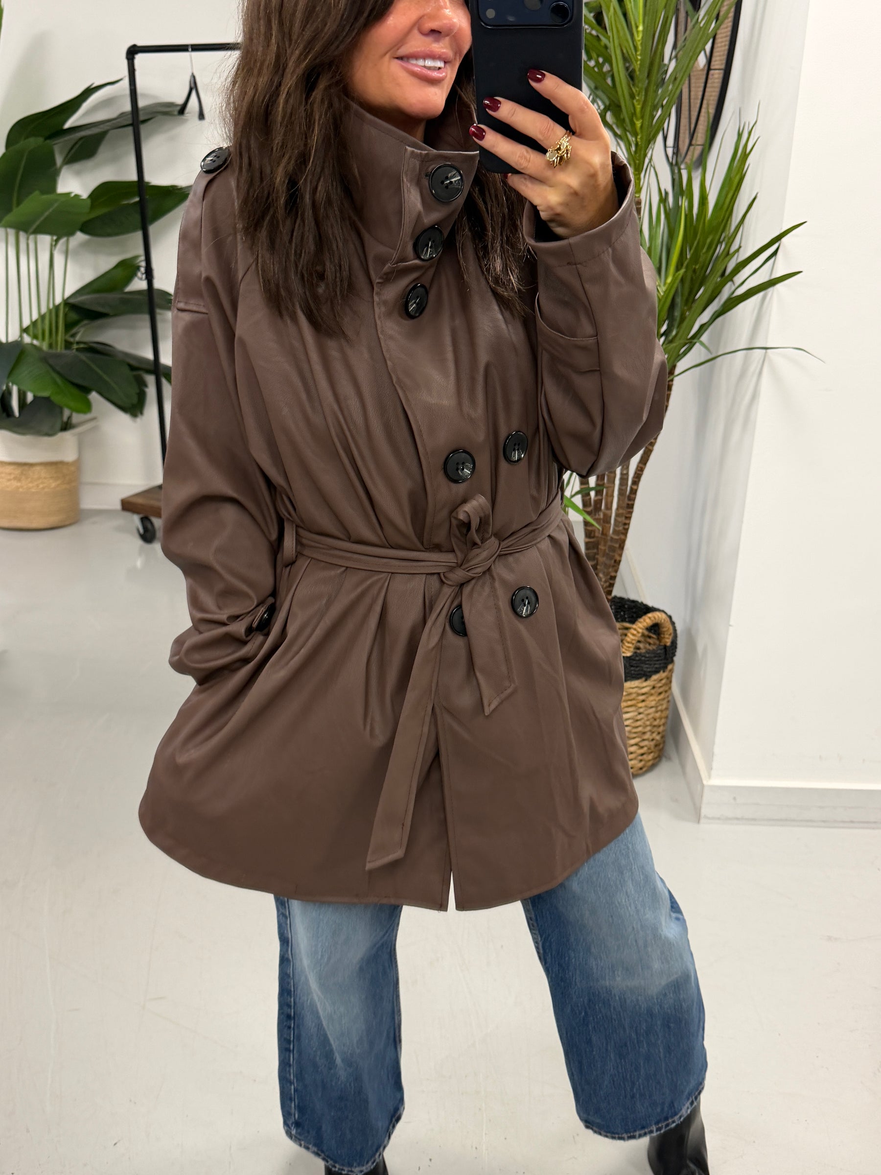 Faux & Fierce PU Trench Jacket - Chocolate (Size 12-16)