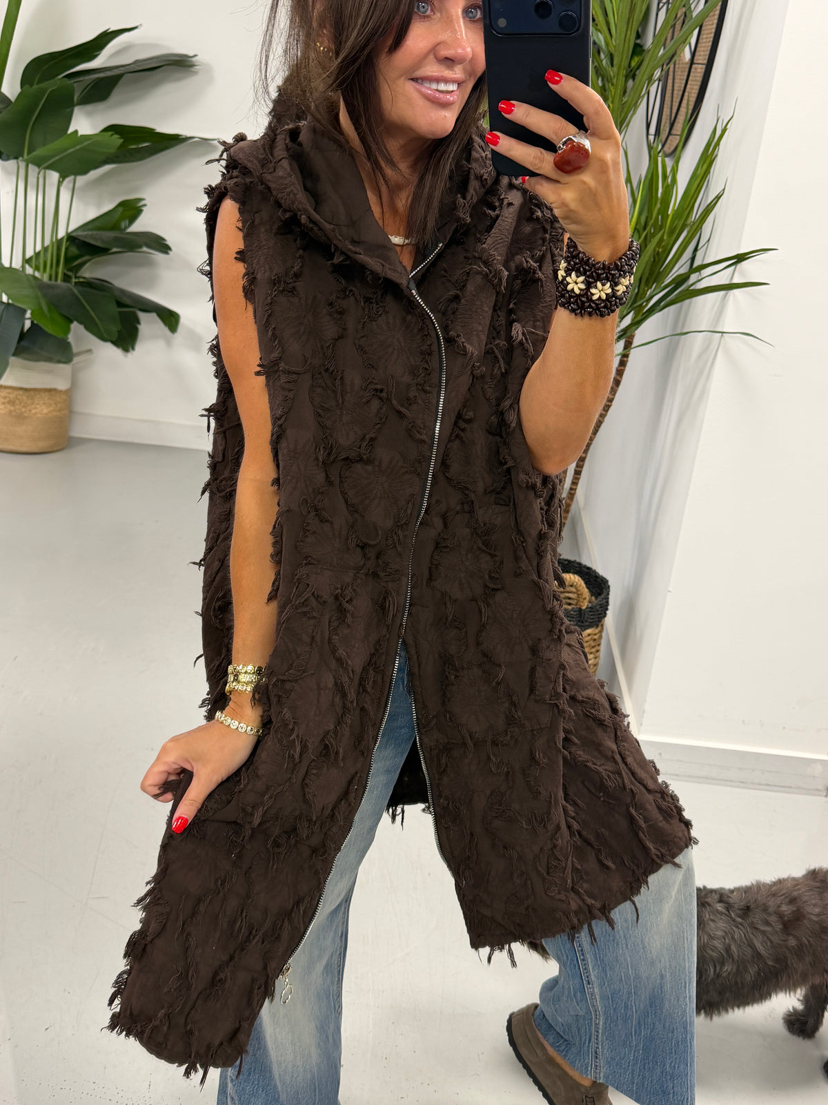 PRE ORDER Shelby Shaggy Hooded Gilet - Chocolate