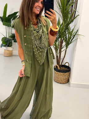 Linen Military Waistcoat - Khaki