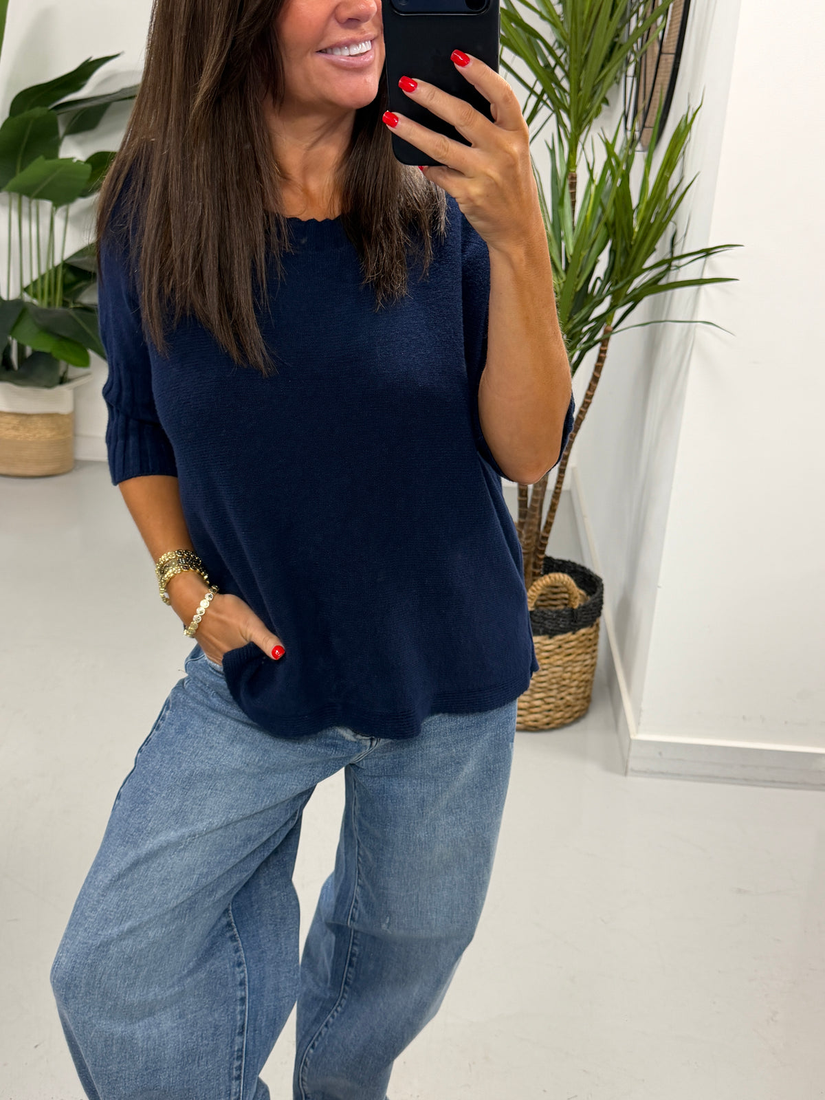 Crop Sleeve Boat Neck Knit - Navy