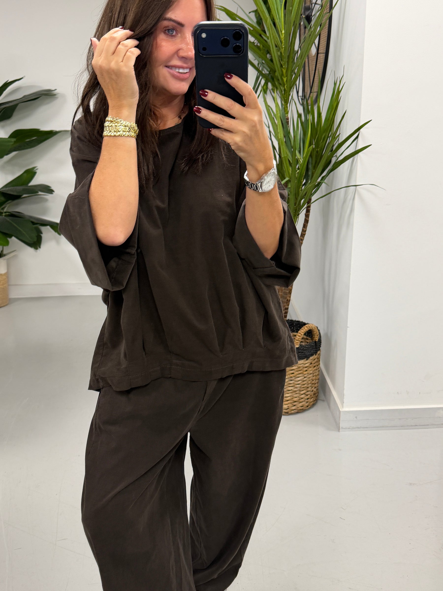 The Needlecord Crop Sleeve Tunic- Chocolate (Size 10/16)