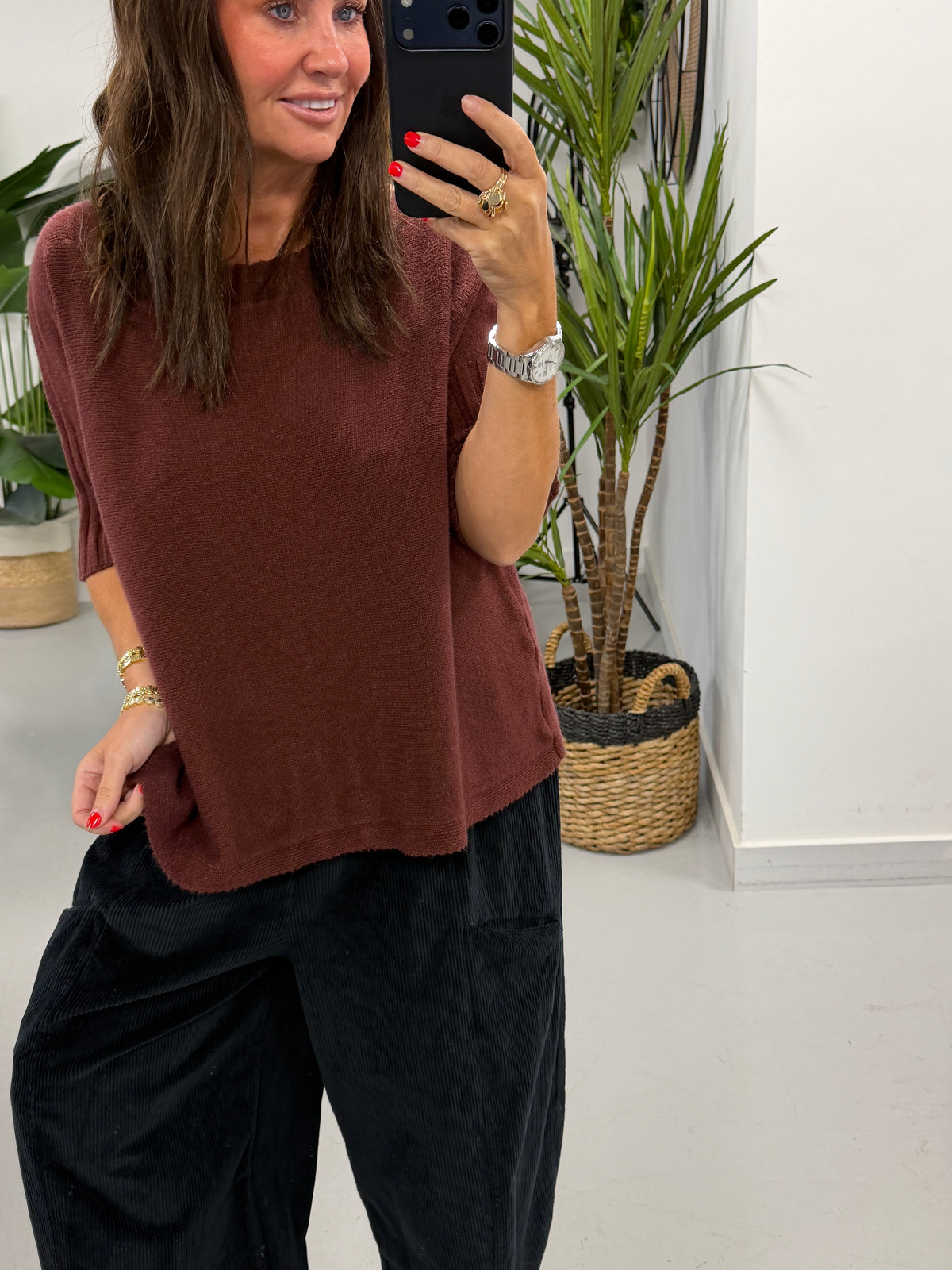 Crop Sleeve Boat Neck Knit - Aubergine (Size 10 - 16)