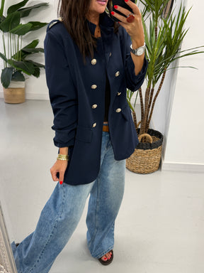 Military Ruched Sleeve Blazer - Navy