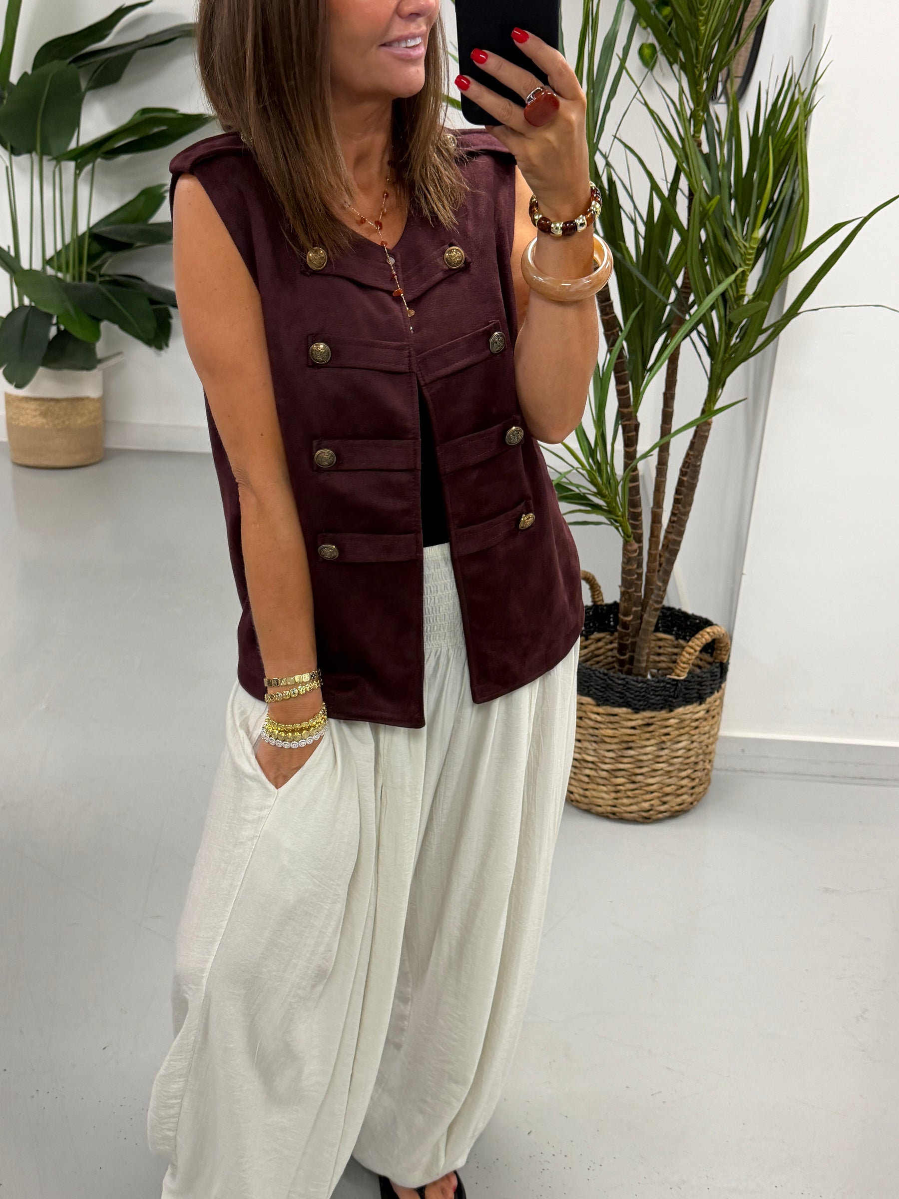Velour Military Waistcoat - Wine