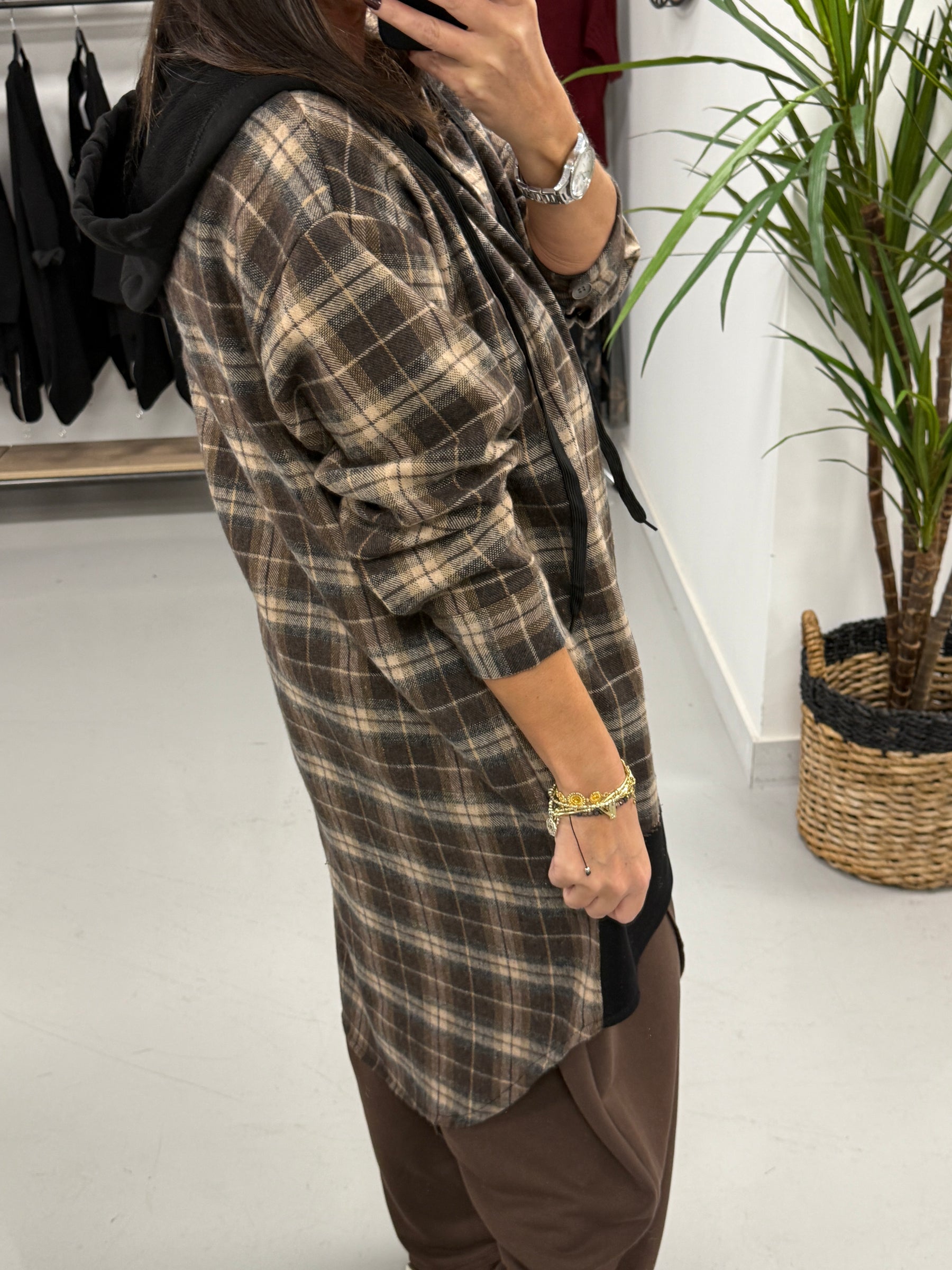 Hooded Check Shacket - Chocolate