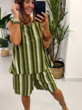 Belted Stripe Shorts Set - Green