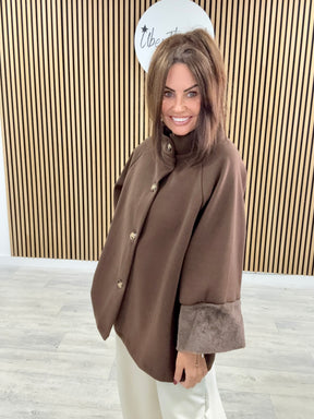 Faux Fur Sleeve Swing Jacket - Chocolate
