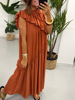 Downtown Ruffle Dress - Rust