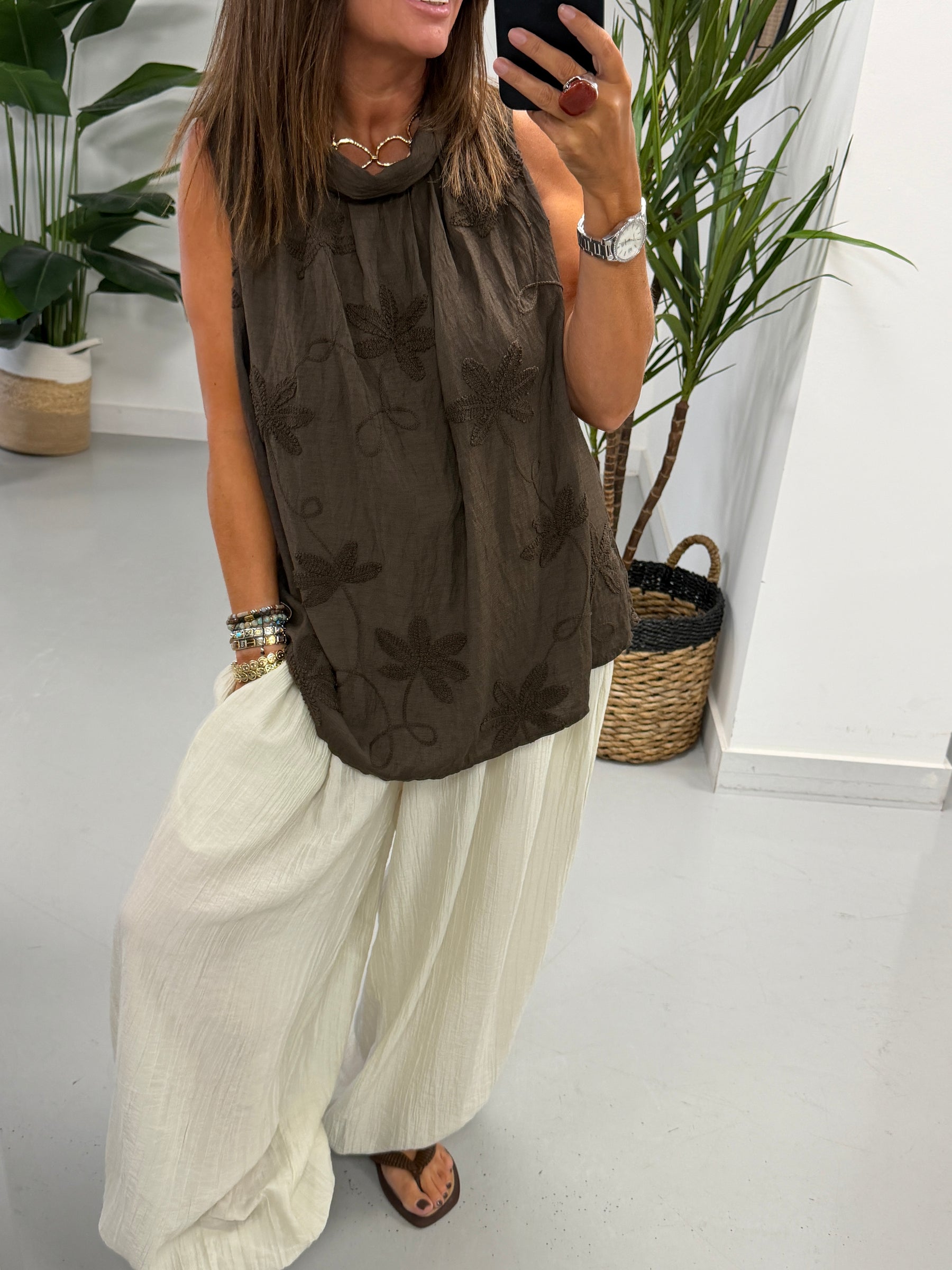Reverse Collar Embroidered Tunic - Chocolate