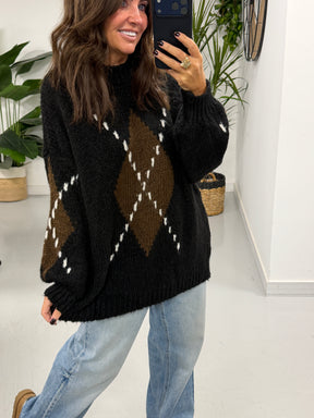 The Argyle Rustic Soft Knit - Black (Size 10-18)