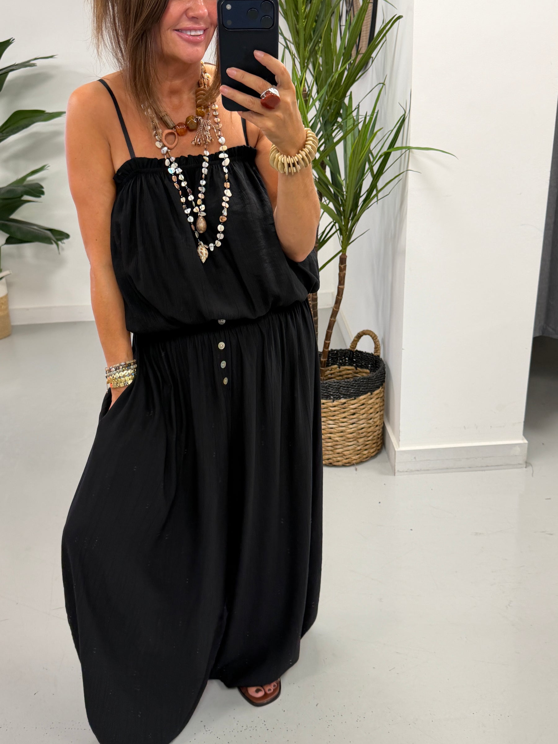 Button Crinkle Balloon Trousers - Black