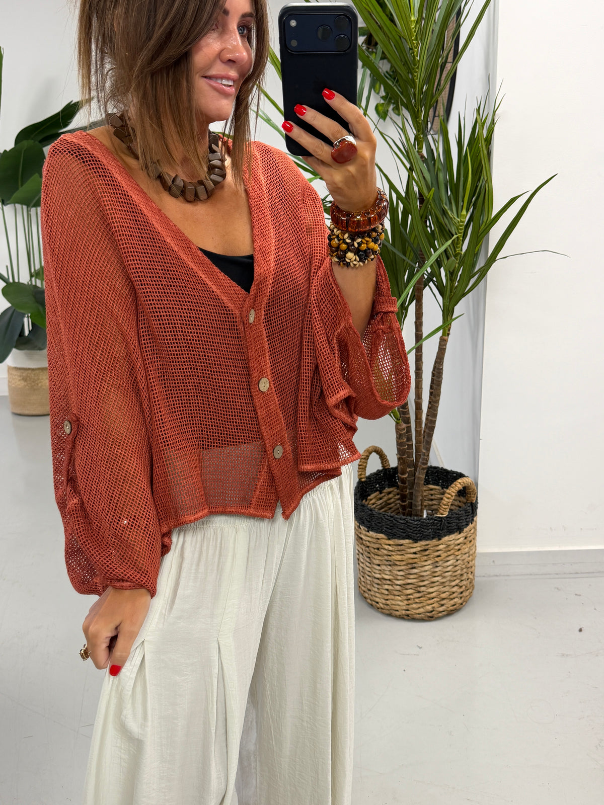 Mesh Button Cardigan - Rust