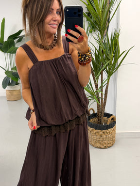 Crinkle Bubble Hem/Lace Cami - Chocolate