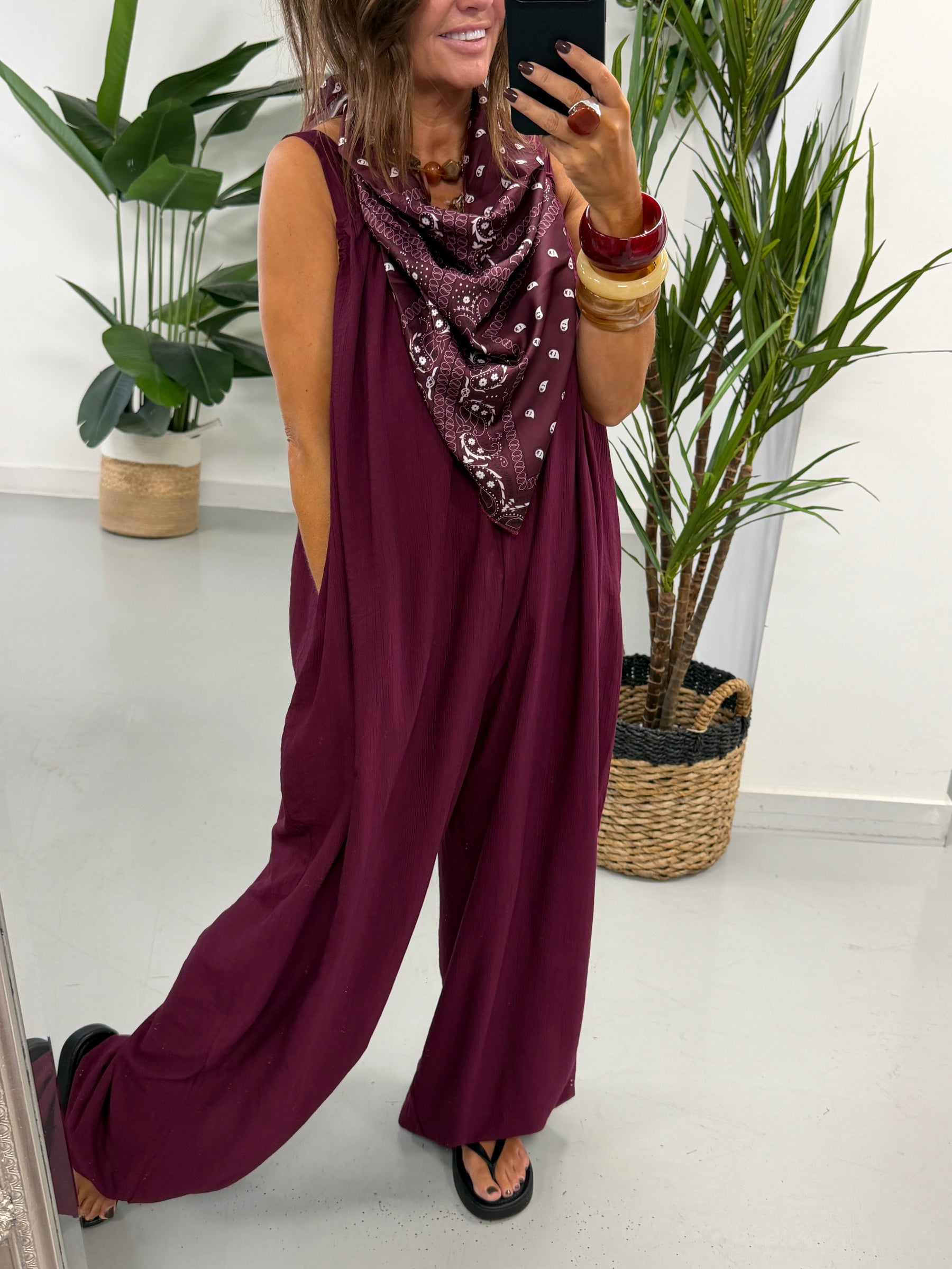 Bandana Scarf Crinkle Jumpsuit - Wine