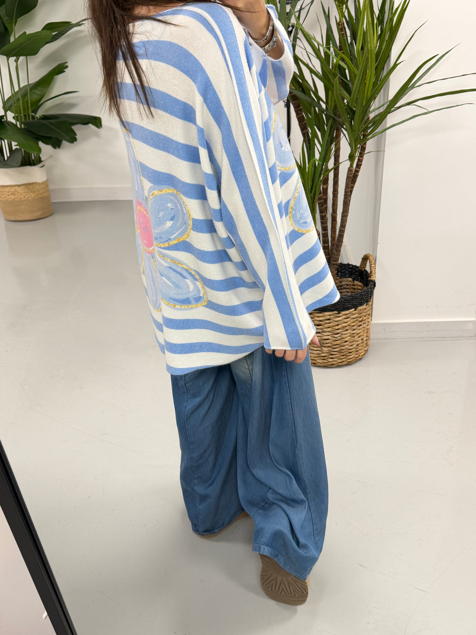 The Daisy/Stripe Soft Knit - Powder Blue