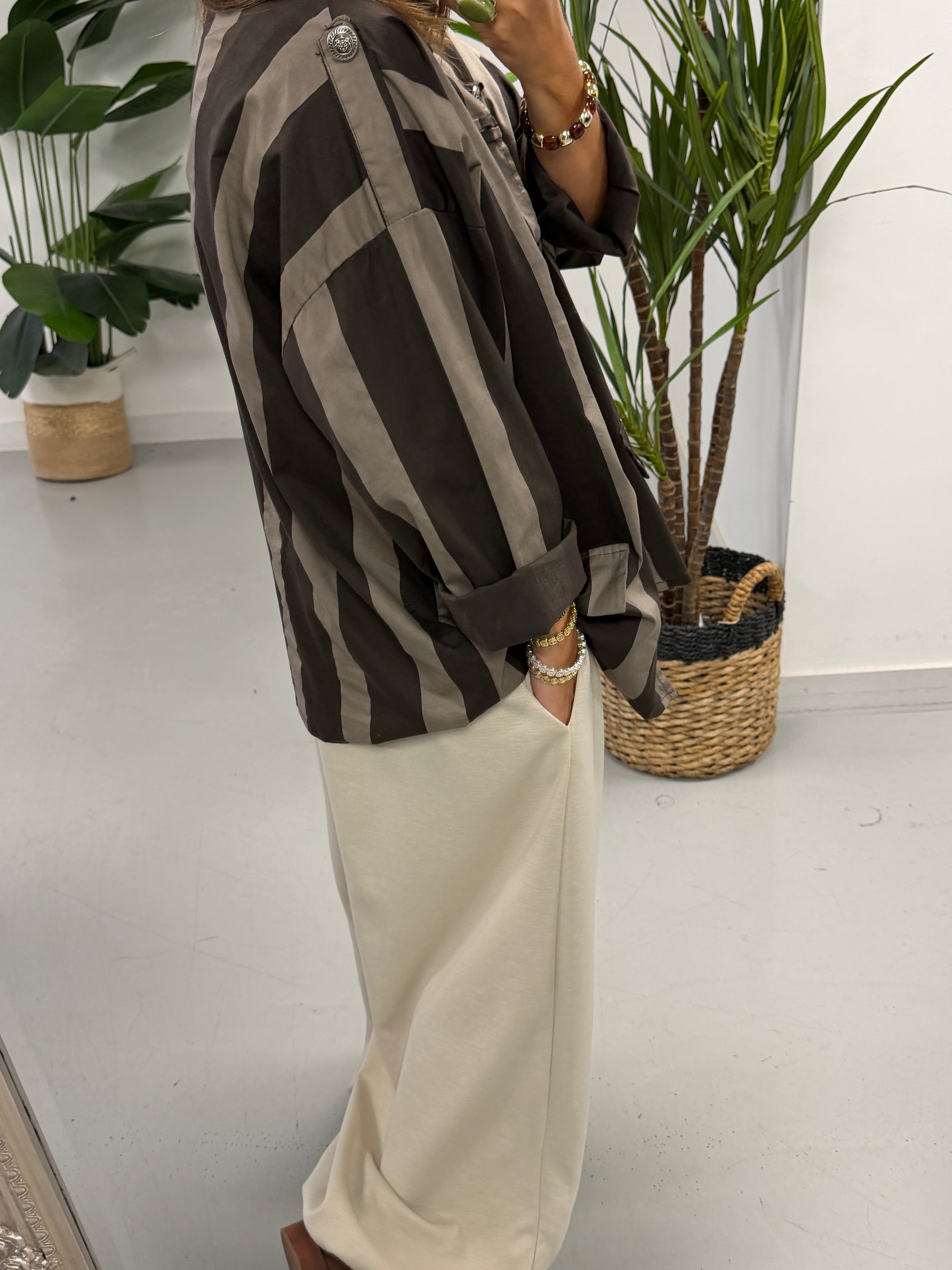 Bailey Wide Stripe Military Jacket - Taupe/Dark Chocolate
