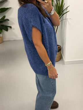 Button Up Slouchy Crop Sleeve Knit - Denim Blue  (Size 12-18)