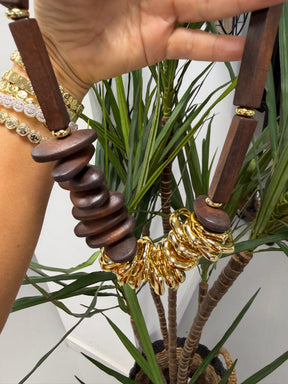 Adjustable Wooden/Gold Statement Necklace