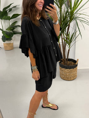 Peplum Button Short Set - Black