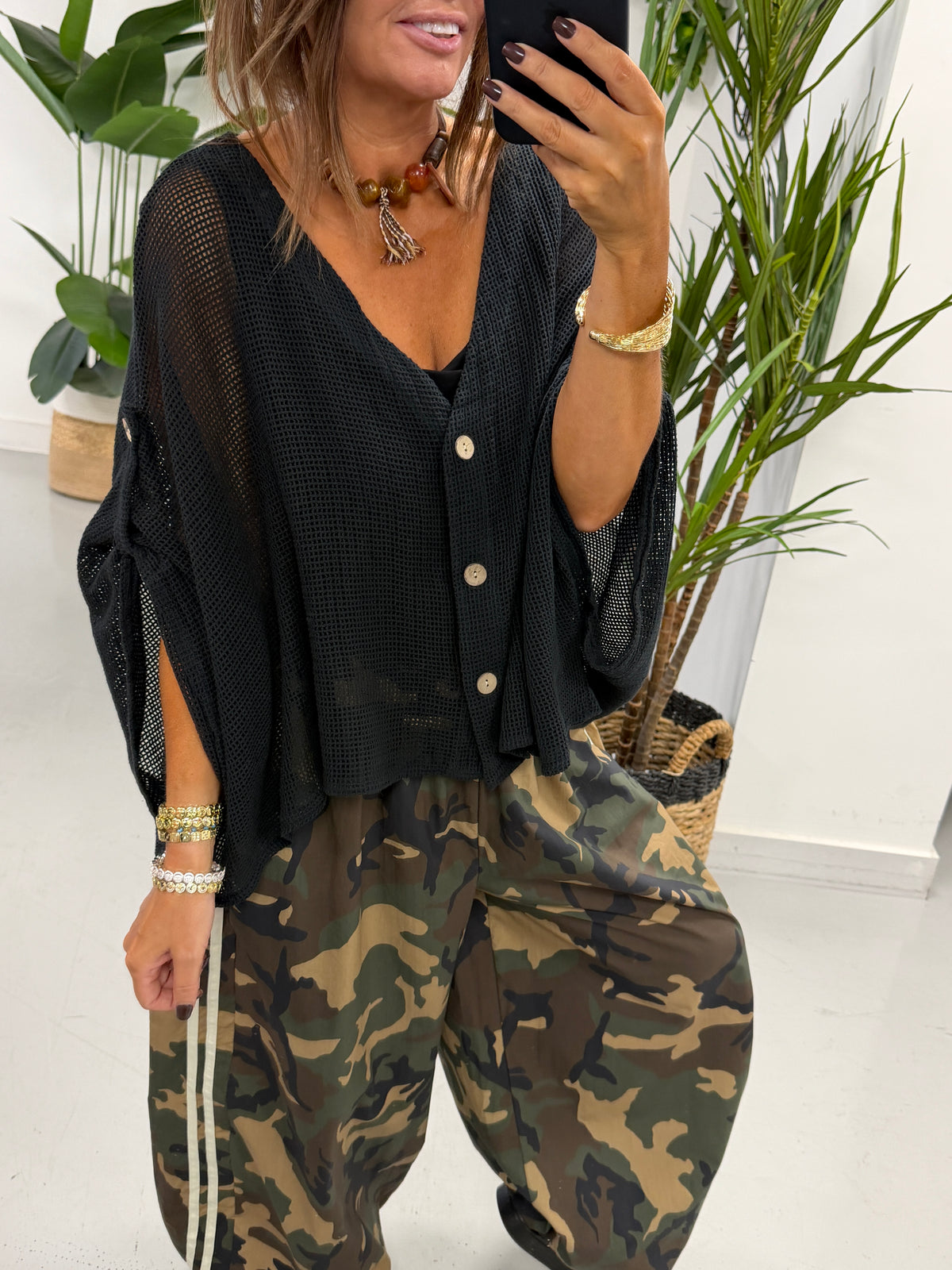 Mesh Button Cardigan - Black