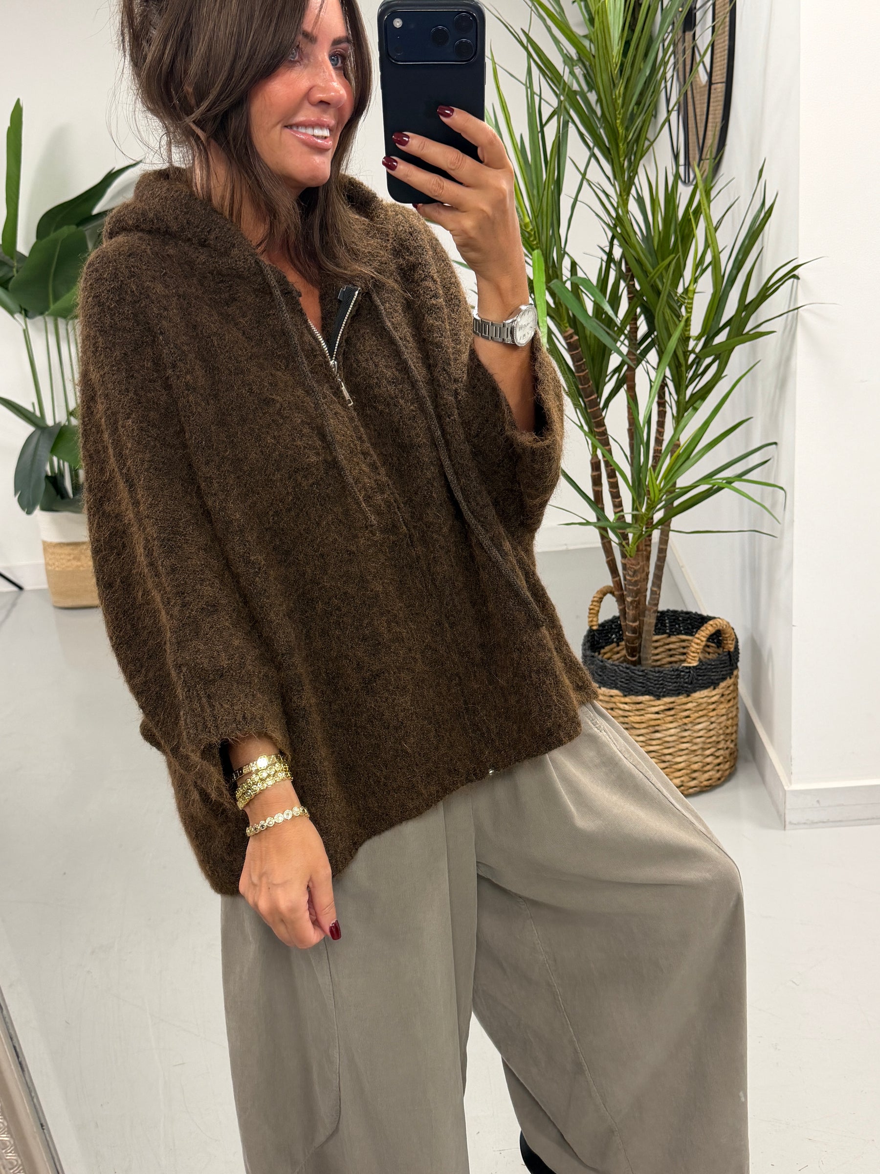 Hooded Zipped Cardigan - Chocolate (Size 12-18)