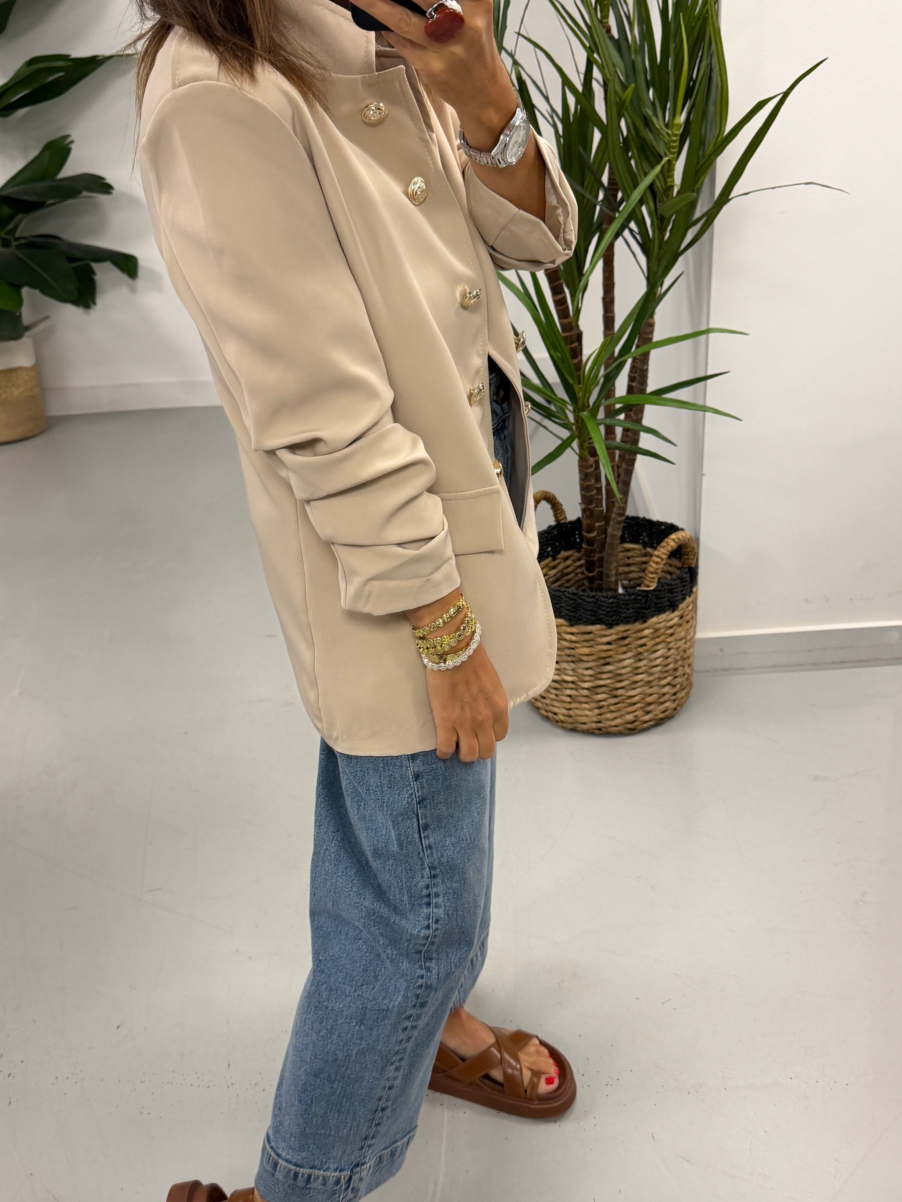 Military Ruched Sleeve Blazer - Cream
