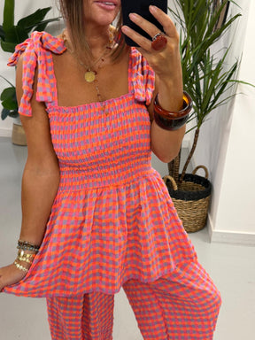The Deluxe Gingham Peplum Top - Purple/orange