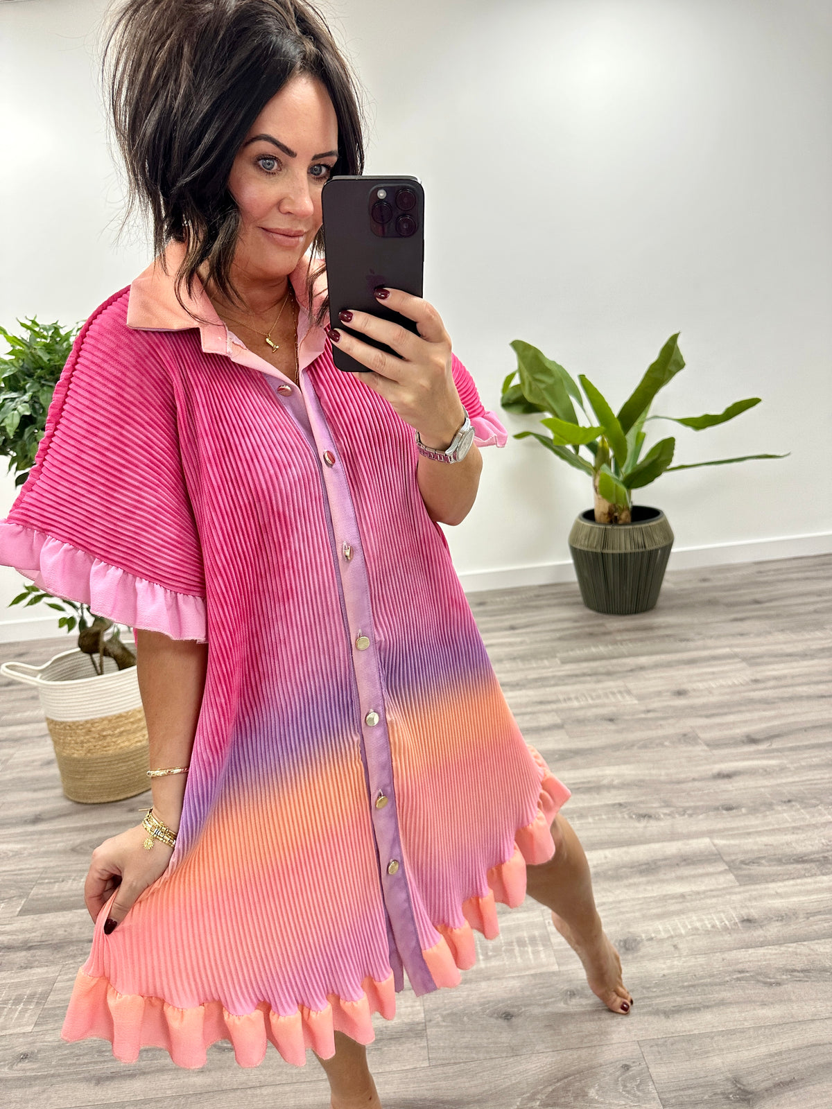 The Candy Ombré Pleated Shirt Dress - Pink