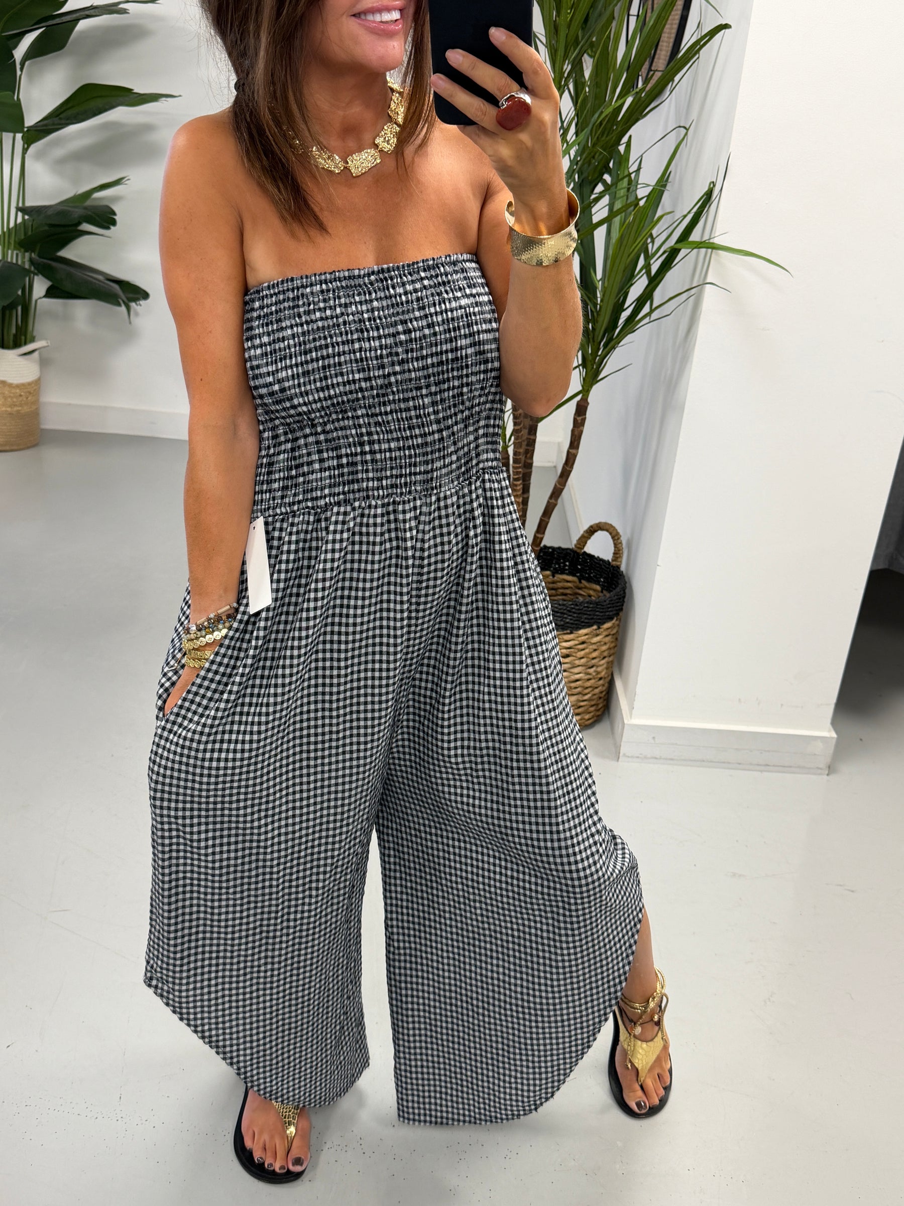 Gingham Genie Bandeau Jumpsuit  -Black