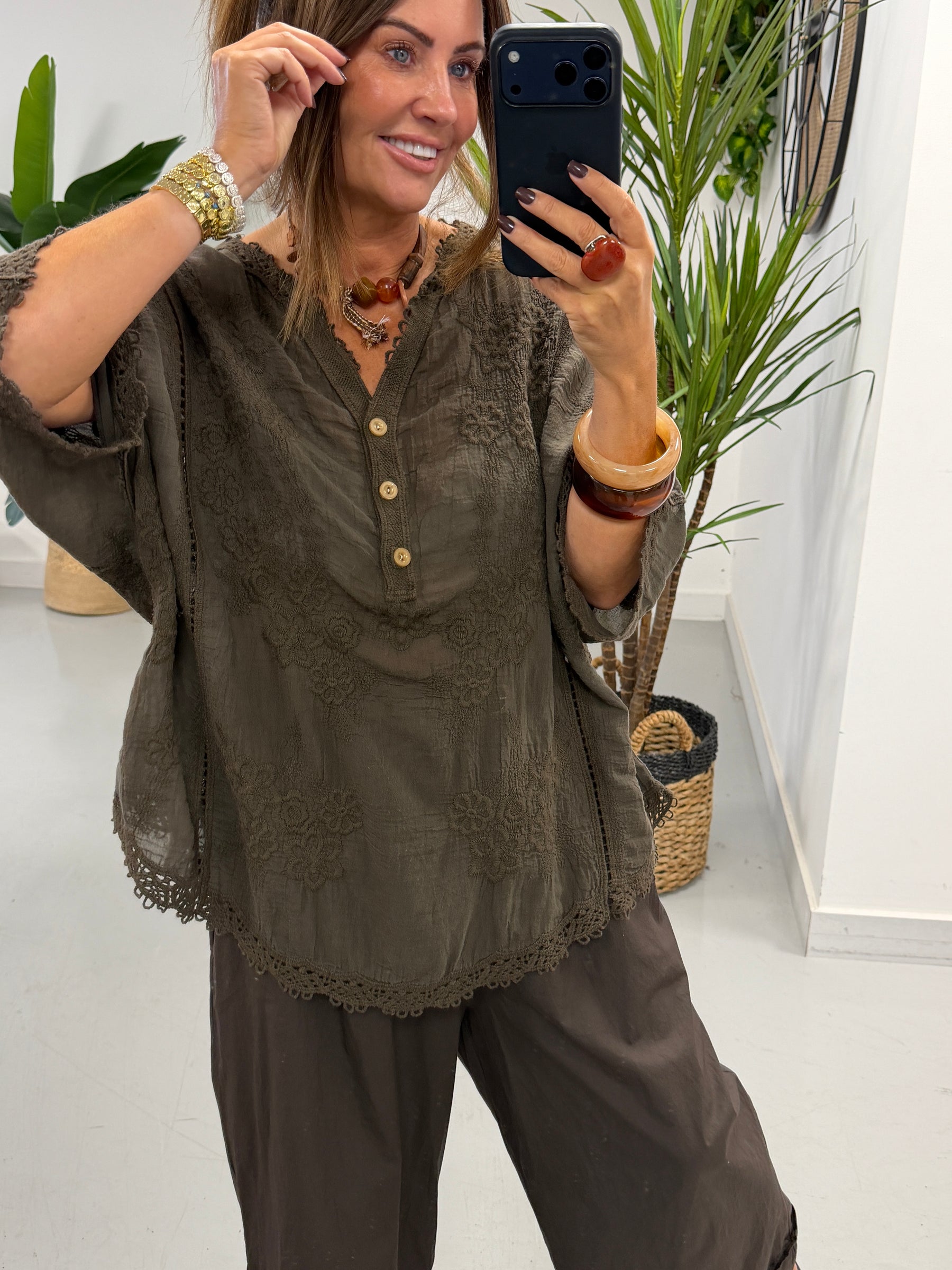 Seville Lace Button Up Top  - Chocolate