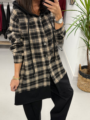 Hooded Check Shacket - Black