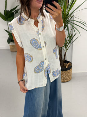 The Paisley Cotton Sleeveless Blouse - Blue