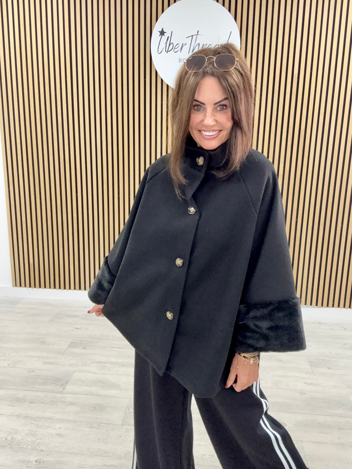 Faux Fur Sleeve Swing Jacket - Black