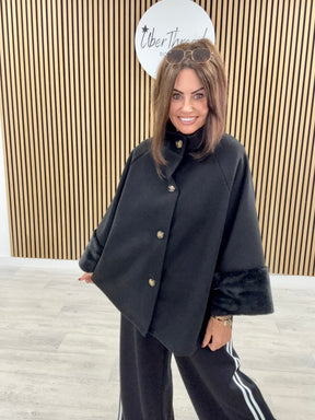 Faux Fur Sleeve Swing Jacket - Black