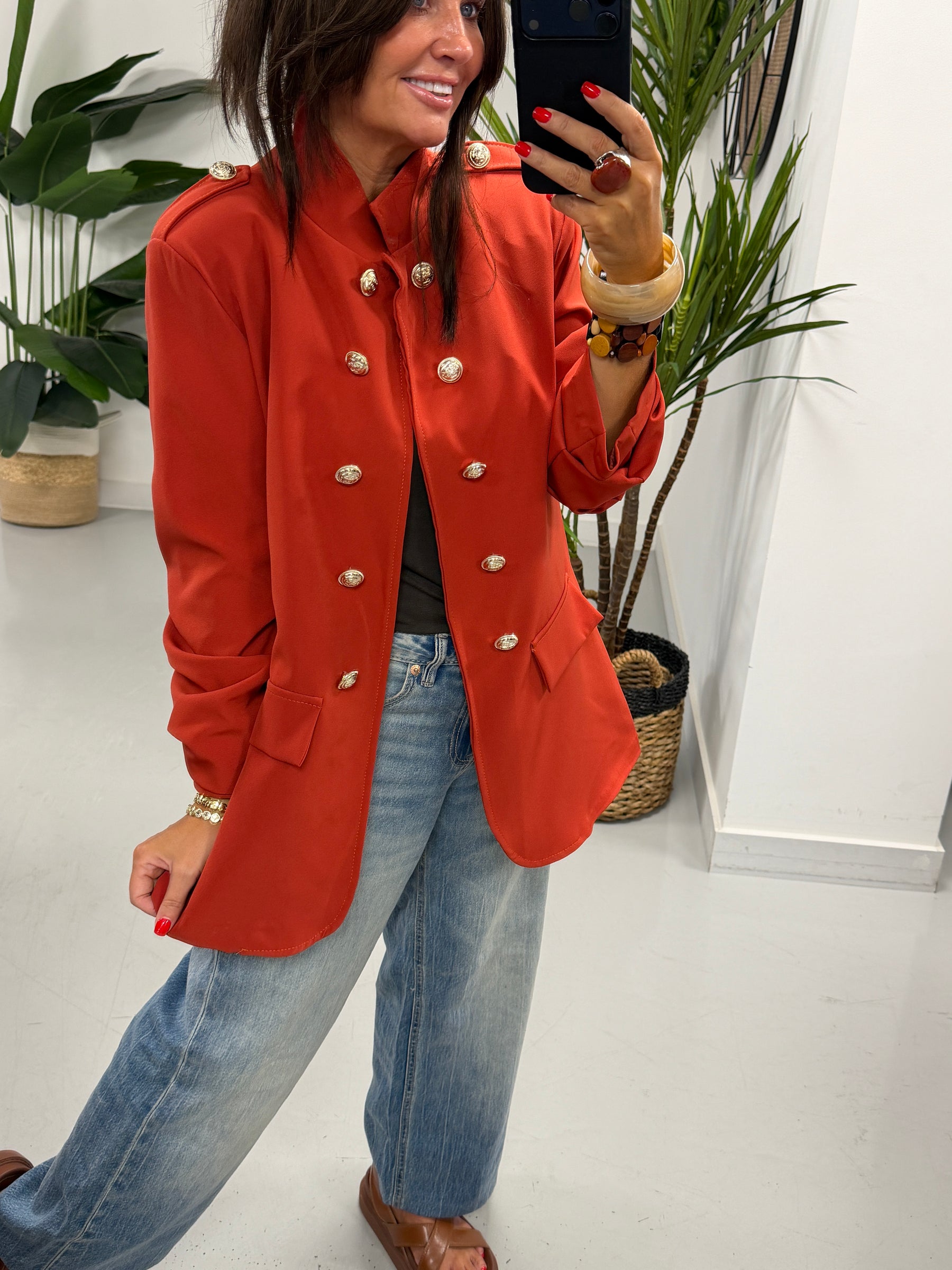 Military Ruched Sleeve Blazer - Terracotta
