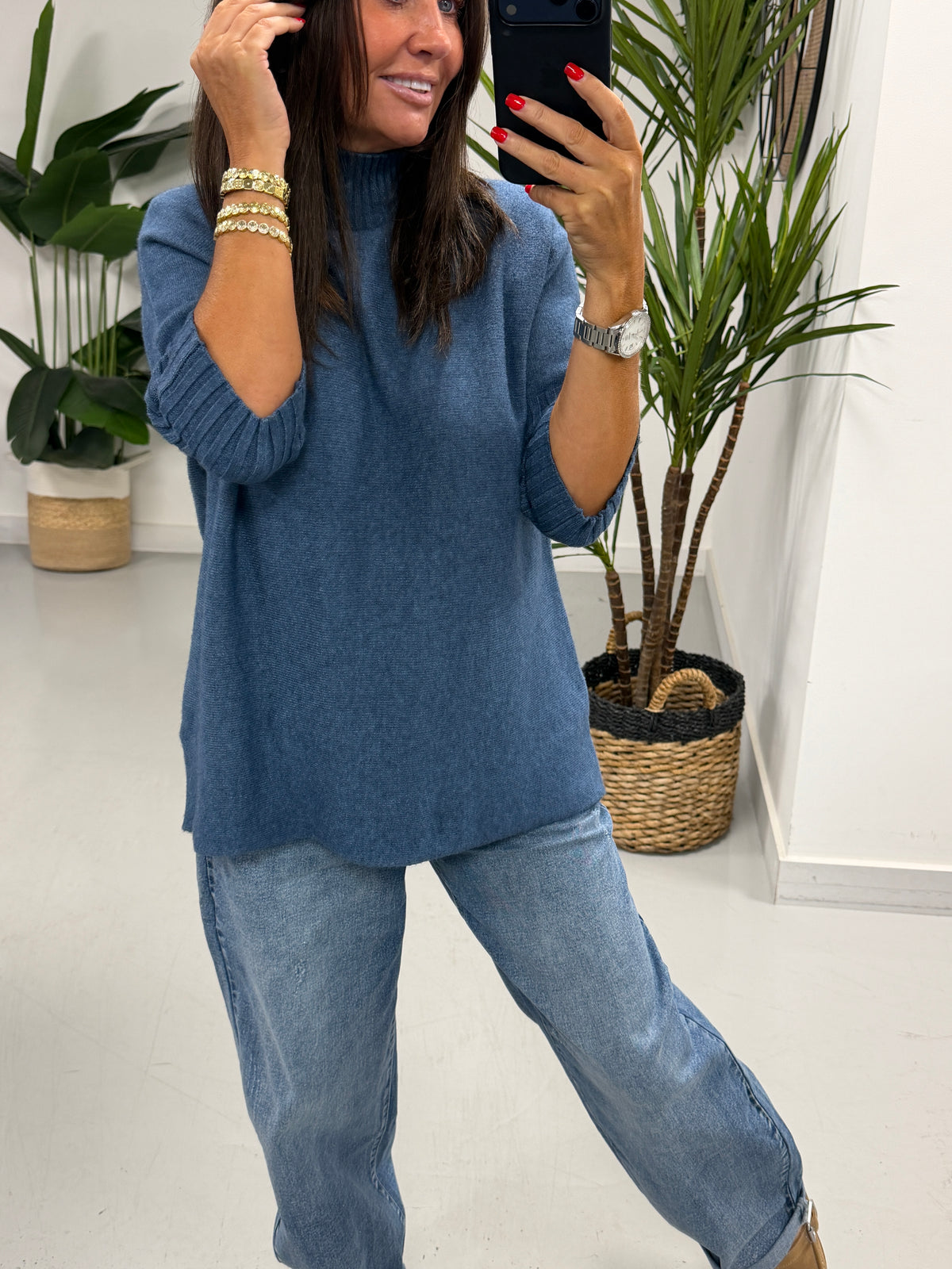 Crop Sleeve Knit - Denim Blue