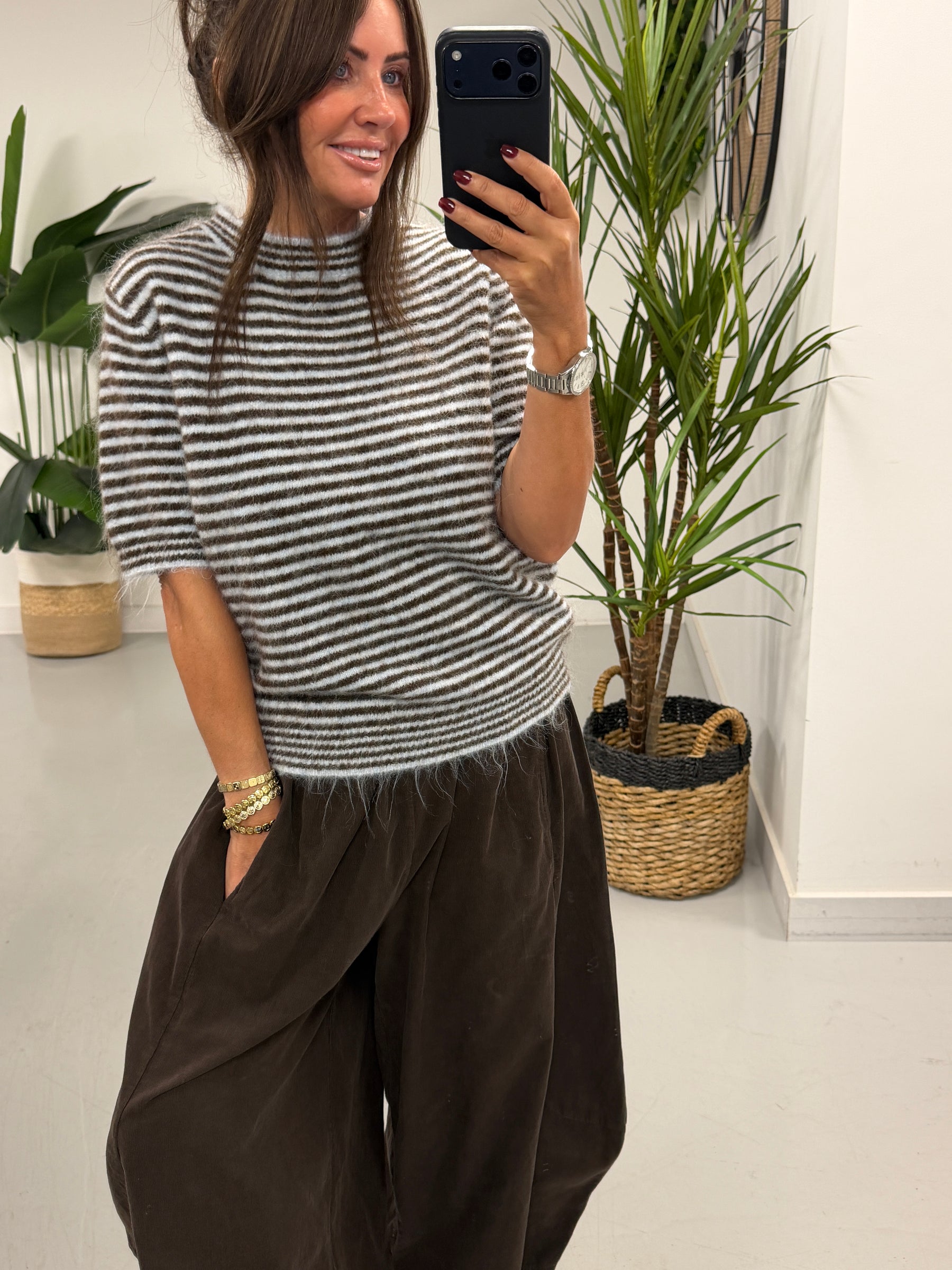 Stripe Crop Sleeve Knit  - Blue/Chocolate (Size 8-14)