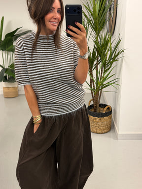 Stripe Crop Sleeve Knit  - Blue/Chocolate (Size 8-14)